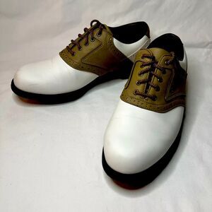 FootJoy Greenjoys Golf Shoes Mens Sz 8.5W White and Tan Lace Spikes Athletic